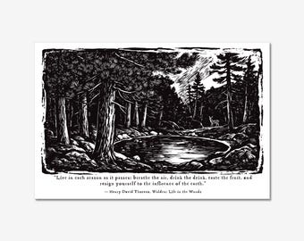 Thoreau Quote Art Print, Live in Each Season, 8x12 Woodcut Forest Wall Art