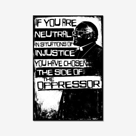 Archbishop Desmond Tutu Quote about Injustice and activism, relief print on vintage Galley Press.