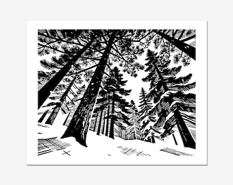 Leaning Pines Relief Print, Black and White Snowy Forest Linocut, 14x17.5 Fits 16x20 Frame
