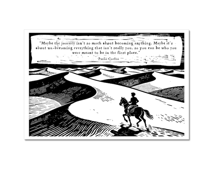 Featured listing image: Paulo Coehlo Quote Relief Print and Illustration, The Alchemist, Printed on 1870's Press