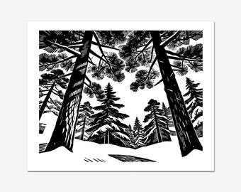 Winter Pine Relief Print, Hand Pulled Black Ink Forest Wall Art, 14x17.5 Fits 16x20 Frame