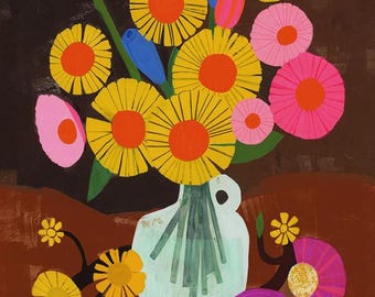 Folk Art Floral Print, Colorful Pink Bouquet Art 8x10 Inches