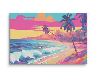 Tropical Beach Canvas Print, Retro Pop Art Palm Trees Ocean, Neon Sunset Coastal Decor