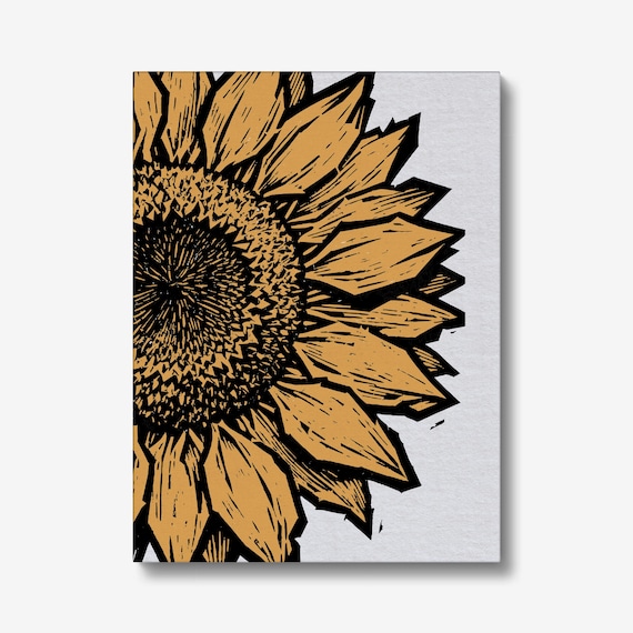 Sunflower Block Print, Black Yellow Botanical Wall Art (6x8 inches)