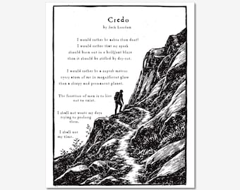 Classic Literature Relief Print, Jack London Credo Poem on 1870s Galley Press