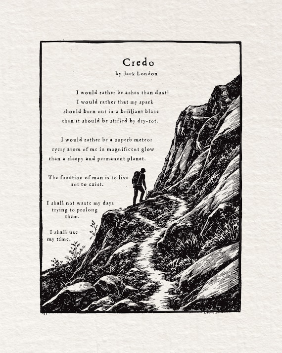 Credo by Jack London Poem | Relief Print on 1870s Galley Press, original illustration