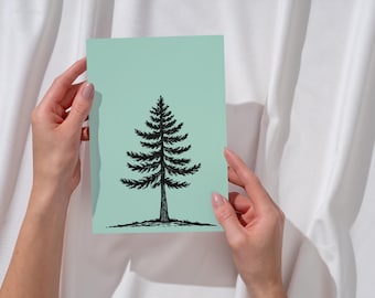 Hand-Printed Pine Tree Cards, Spearmint Green or White, 5x7 or 4x6 (Pack of 10)
