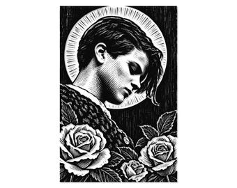 Sophie Scholl Relief Print, Hand-Pulled Black and White Portrait, Rose Resistance Art 8x12