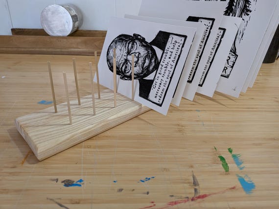 Everbound Press Ash Wood Drying Rack | 10-Space Printmaker Tool for Relief Prints