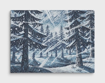 Pine Tree Canvas, Indigo and White Rayonism Winter Forest Print, 3 Sizes