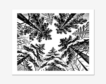 Snowy Pine Relief Print, Black and White Winter Forest Wall Art, 14x17.5 Fits 16x20 Frame