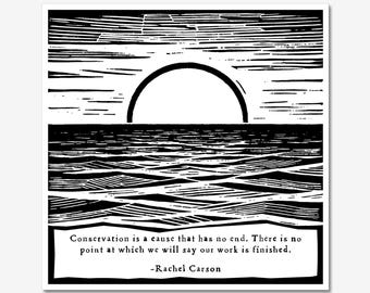 Nature Art Prints, Rachel Carson Conservation Quote 6x6 Woodcut