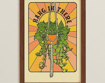 Hanging Plant Art Print, 6x9 Retro Sunburst Greenery Wall Decor