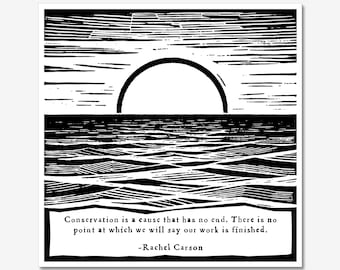 Conservation Artwork | Rachel Carson Quote Wall Art | Nature Illustration Woodblock Print 6x6 inches