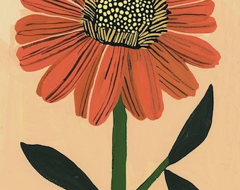 Gerbera Daisy Folk Art Print 8x10, Orange Floral Botanical Wall Decor
