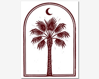 Palmetto Tree and Moon Relief Print, South Carolina Artwork, 5x7 inches