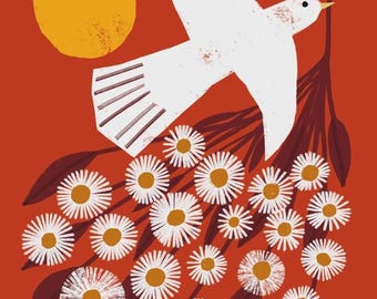Envelopes Included Folk Art Peace Dove Print, 8x10 Red and Gold Floral Daisies