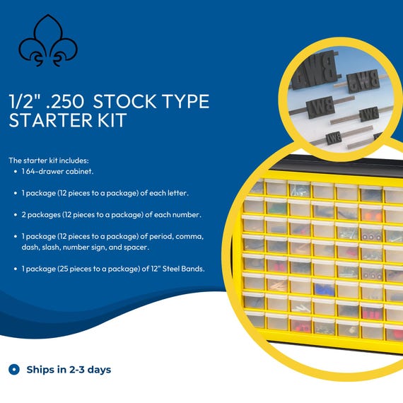 Stock Type Starter Kit, Rubber Movable Type, Typography Set with Steel Bands & Organization Cabinet