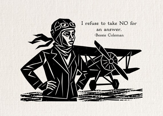 Bessie Coleman wall art, Black hero and aviator, inspirational quote relief print, 5x7 inch