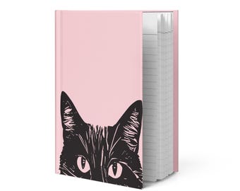 Spying Kitty, Black Cat Illustration for Lined Hardcover Journal, Pink background