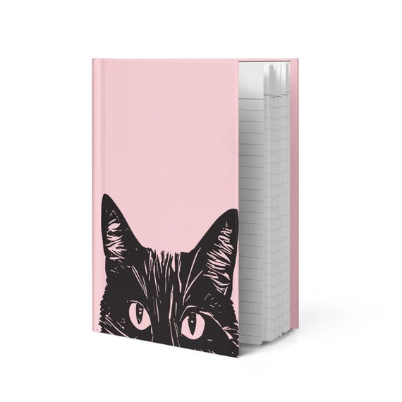 Spying Kitty Journal, Black Cat Illustration for Lined Hardcover Journal, Pink background