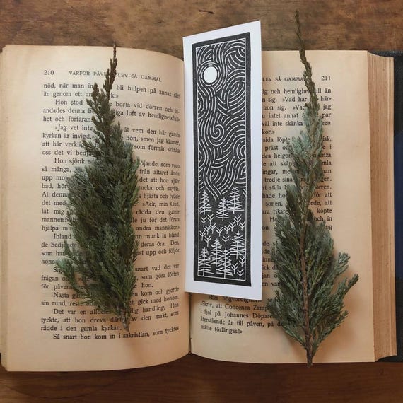 Pine Wandering Block Printed Linocut Bookmark 2x6 inches | Nature Book Lover Gift