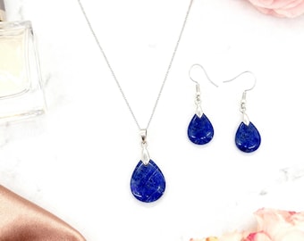 Set di collana e orecchini a goccia in lapislazzuli / Gioielli color argento