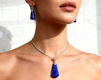 Set di gioielli a goccia in lapislazzuli fatti a mano / Collana e orecchini in argento sterling