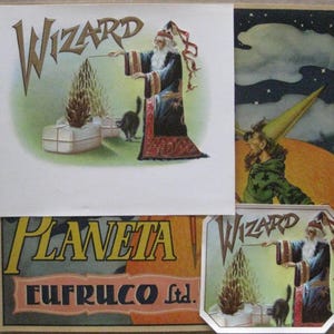 3 Vintage Wizard Labels Magic Cigar Orange Crate Telescope Cat Art