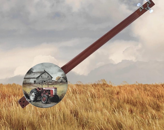 3-String Cookie Tin Banjo, Tractor Art, Piezo Pick-Up