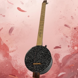 May include: A banjo with a black body adorned with a white heart pattern. The neck is light wood, and the headstock is dark wood. The background is a pink and red watercolor design. The initials "PP" are on the neck.