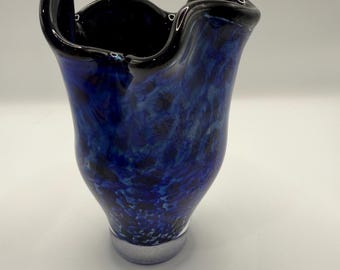 Hand blown cobolt blue vase with black lip