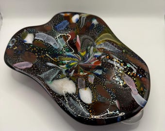 Vintage Murano Tutti Frutti Art Glass Bowl: Black Frit, Aventurine Foil