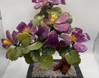 Jade Flower Bonsai Tree with Carved Stone Pot