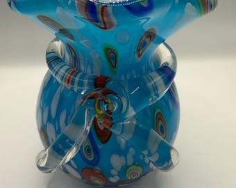 Vintage Blown Lavorazione Art Murano Blue Glass Ruffled Millefiori Vase
