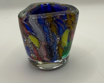 AVEM Murano Zanfirico Bizantino Tutti Frutti Blue Glass Vase