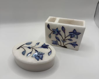 Oval Marble Inlay Pietra Dura Jewelry Box and pencil holder