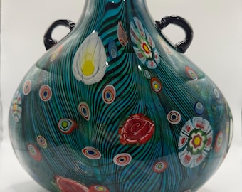 Vintage Murano Millefiori Art Glass Vase: Italian Green and Black Decor