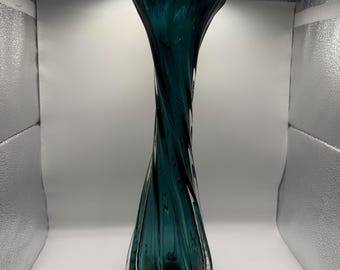 Vintage Teal Blue Swirl Glass Vase - Marshall Fields Twisted Ribbed Art Glass