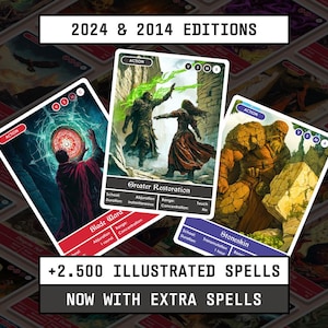 Puede incluir: Imágenes de cartas de temática fantástica con ilustraciones y texto. Las cartas muestran el texto "2024 & 2014 EDITIONS", "+2.500 ILLUSTRATED SPELLS" y "NOW WITH EXTRA SPELLS". Las cartas tienen ilustraciones y nombres de hechizos como "Greater Restoration" y "Stoneskin".