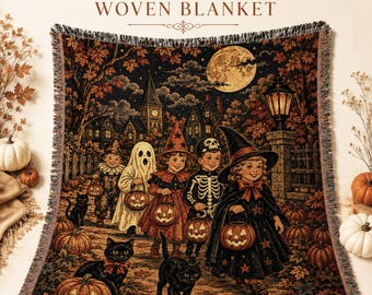Vintage Halloween Woven Blanket, Halloween Wall Tapestry, Vintage Home Decor, Pumpkin Throw, Witchy Decor, Farmhouse Decor, Halloween Decor