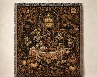 Halloween Skeleton Tea Party Woven Blanket, Gothic Halloween Decor, Dark Academia Throw, Gothic Wall Tapestry, Victorian Gothic Decor