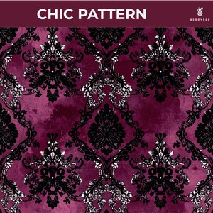 May include: A digitally created pattern featuring a damask design in black and white over a deep burgundy background. The words "CHIC PATTERN" are at the top. The pattern is suitable for fabric or wallpaper.