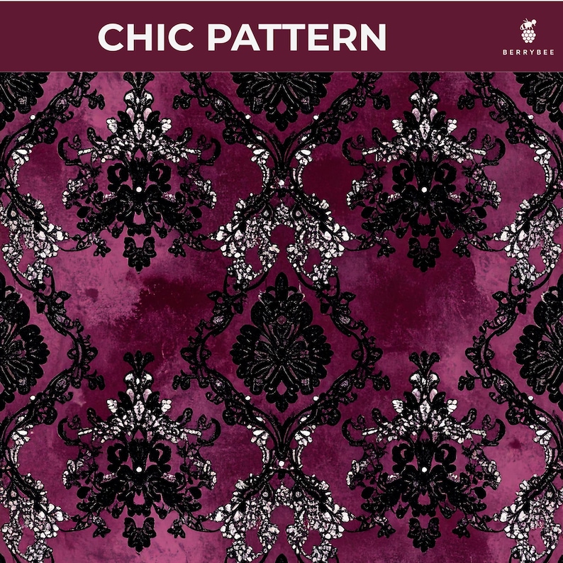 May include: A digitally created pattern featuring a damask design in black and white over a deep burgundy background. The words "CHIC PATTERN" are at the top. The pattern is suitable for fabric or wallpaper.