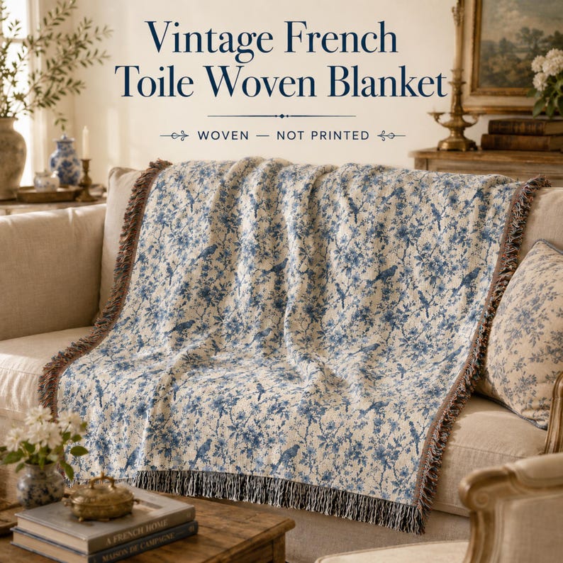 K&ouml;nnte beinhalten: Eine Vintage-Decke aus franz&ouml;sischem Toile-de-Jouy-Gewebe mit blauem Blumen- und Vogelmuster. Die Decke ist &uuml;ber einem beigen Sofa drapiert und hat einen Fransenrand. Der Text auf dem Bild lautet "Vintage French Toile Woven Blanket" und "Woven - Not Printed".