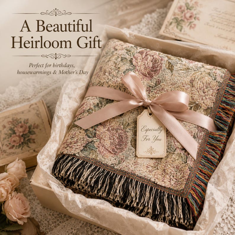 May include: A floral tapestry blanket with a pink ribbon and a tag that says "Especially For You" is presented in a gift box. The blanket has a floral pattern with a black fringe. The text on the image says "A Beautiful Heirloom Gift".