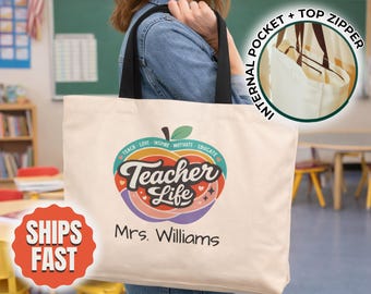 Personalized Teacher Tote Bag Set, Large Weekender Travel Bag with Zipper & Inner Pocket, Teacher Appreciation Gift, Custom Teacher Gift Set