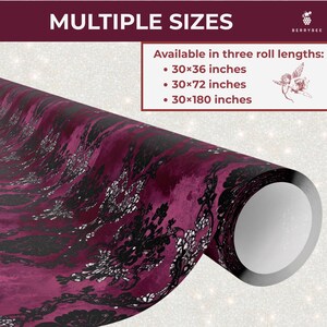 May include: A roll of decorative paper with a dark red and black damask pattern. The paper is available in three sizes: 30x36 inches, 30x72 inches, and 30x180 inches. The text "MULTIPLE SIZES" is at the top.