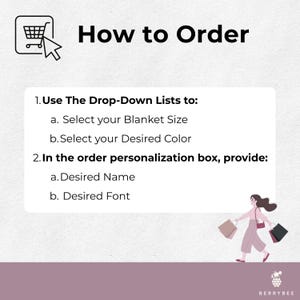 以下が含まれることがあります： 「How to Order」のテキストと、ブランケットの注文方法に関する説明が記載された画像。ブランケットのサイズと色の選択、希望の名前とフォントの指定が含まれます。ショッピングカートのアイコンと、買い物袋を持った人物も表示されています。