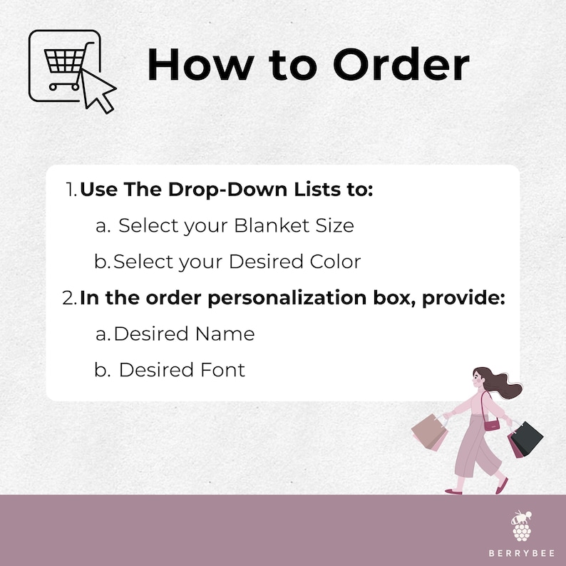 以下が含まれることがあります： 「How to Order」のテキストと、ブランケットの注文方法に関する説明が記載された画像。ブランケットのサイズと色の選択、希望の名前とフォントの指定が含まれます。ショッピングカートのアイコンと、買い物袋を持った人物も表示されています。